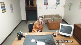 Busty housewife gags on principals dick at office