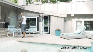 Pool side big black cocking of Asian bikini beauty