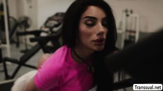 TS brunette Ariel Demure anal sex with Pervert bald gym buddy