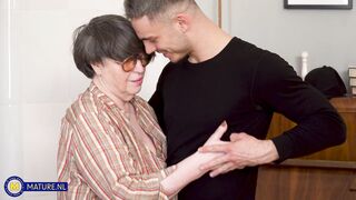 Sharon Amore is a horny grandma who gets fucked by her toyboy student at home