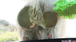 Carwash tgirl takes guy in to get fucked