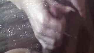 Long nails play with cock and blowjob under the shower