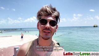 Latin guys celebrate gay pride on the beach outdoor