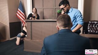 Shemale Emma Rose fucks busty milf judge Mckenzie Lees pussy