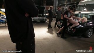 Bound blond ass fucked in repair shop